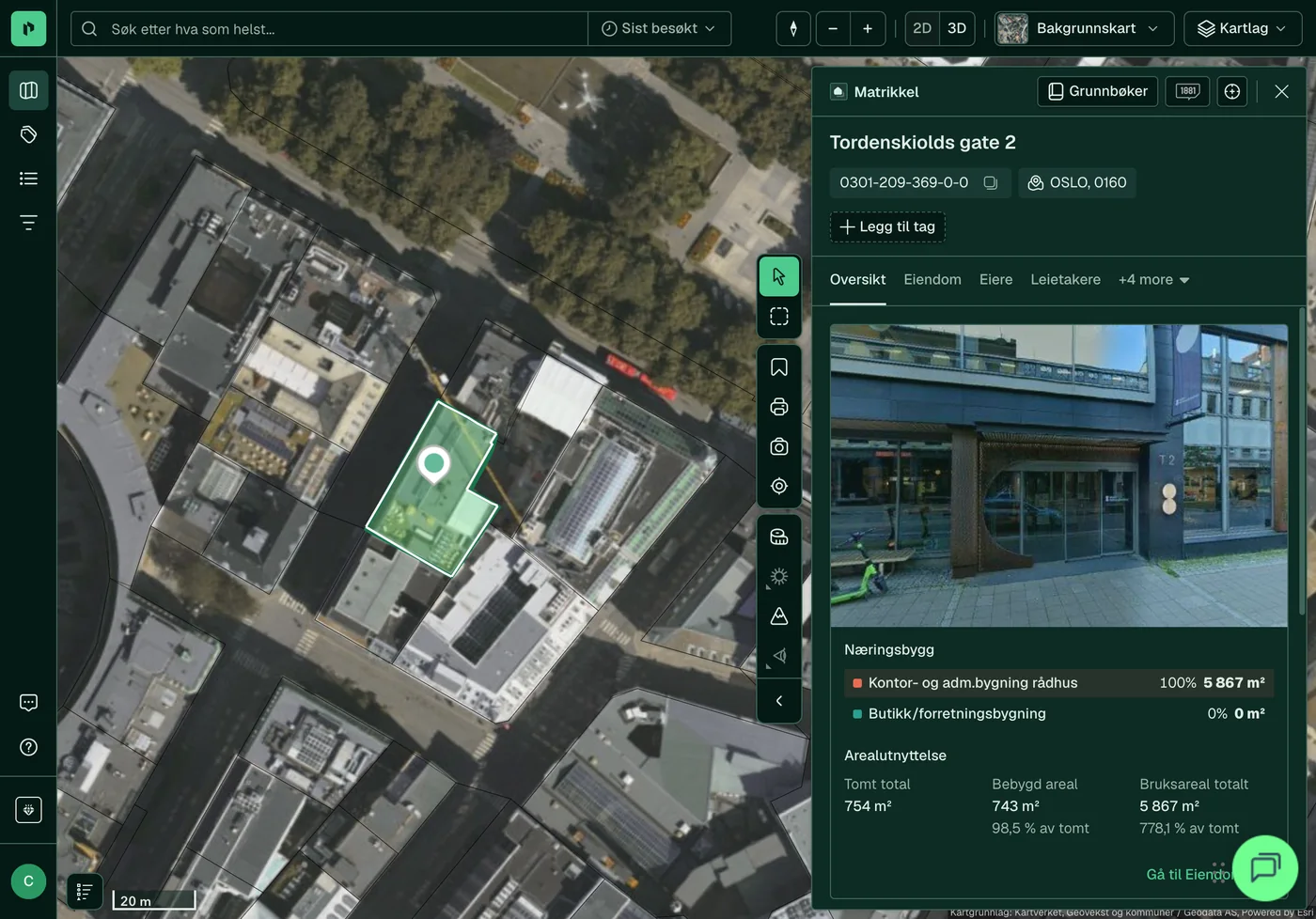 Placepoint Fusion på nettbrett. Tordenskiolds gate 2 er valgt i flyfotokartet, og panelet til høyre viser matrikkelnummer, bilde av bygget, bygningstype og arealutnyttelse med tomt, bebygd areal og bruksareal.