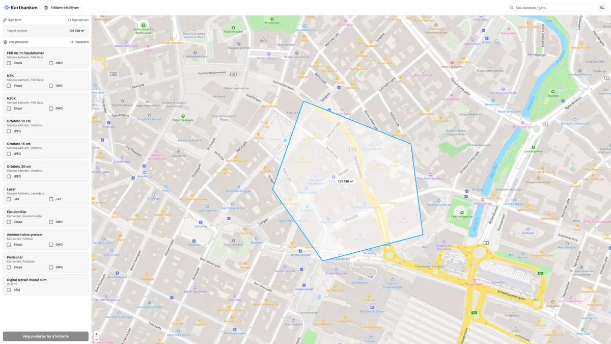 Kartbanken med et tegnet område rundt Youngstorget i Oslo