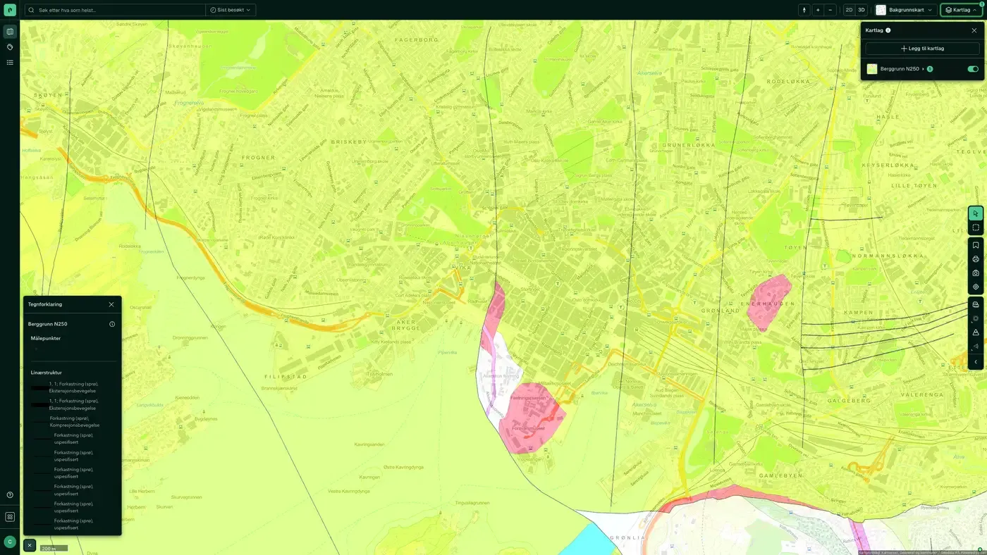 Kartlag Geologi - Berggrunn N250 aktivert over Oslo