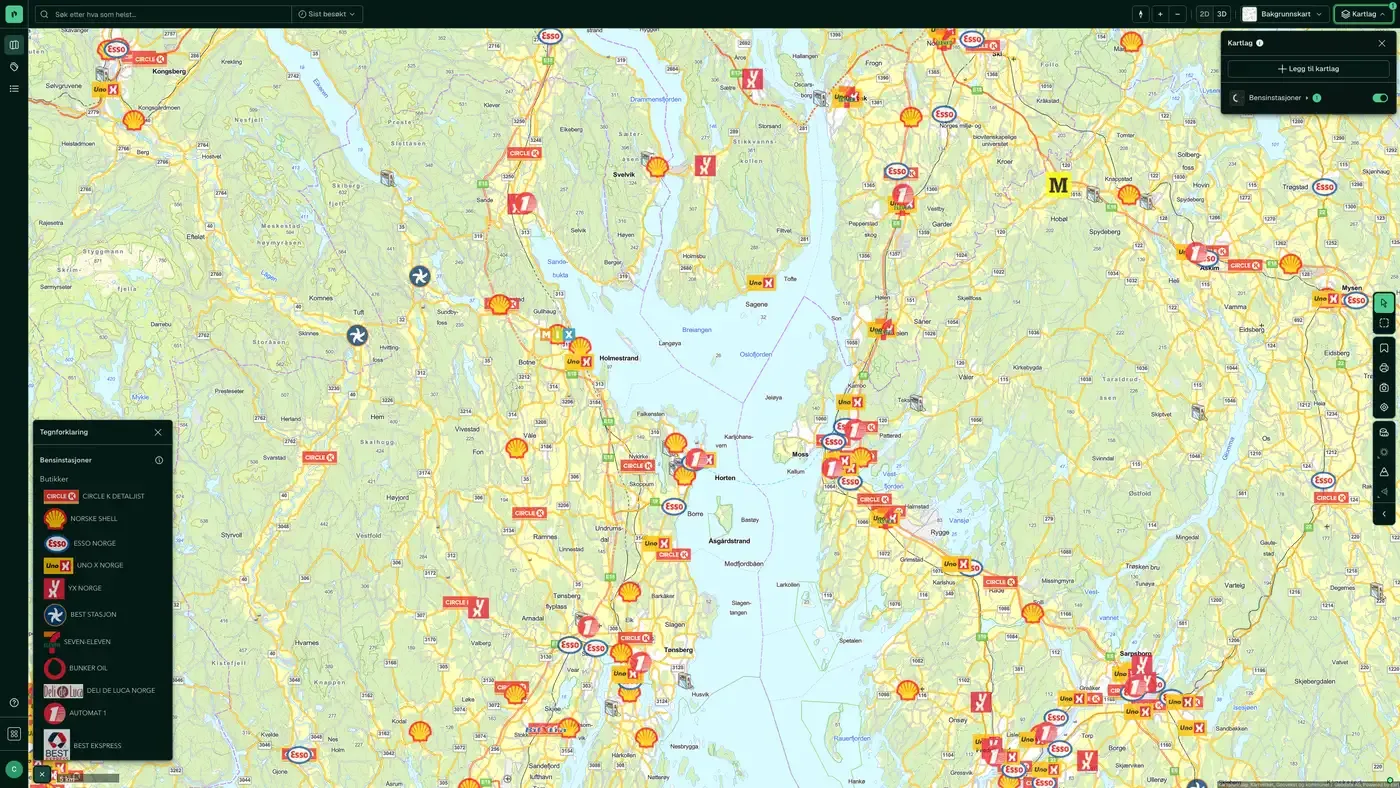 Kartlag Samferdsel - Bensinstasjoner aktivert over Oslo