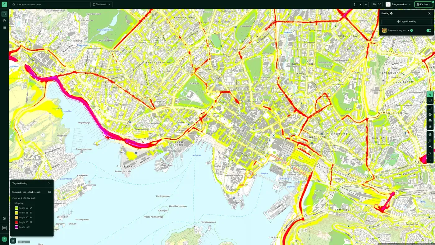 Støykart - veg - storby - natt i Placepoint