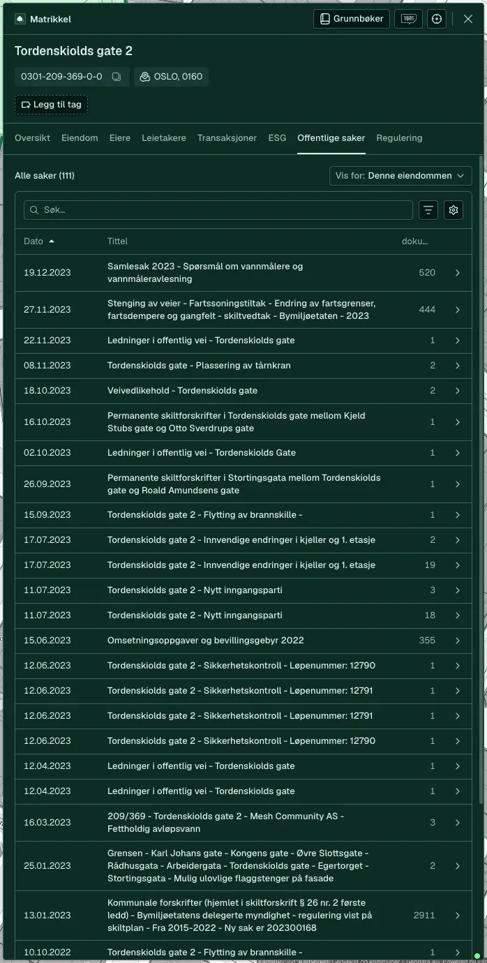 Saksinnsynsfanen med dokumenter per sak