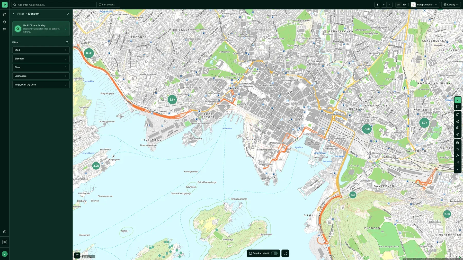 Filterskjemaet for eiendommer, med treff som klynger i kartet