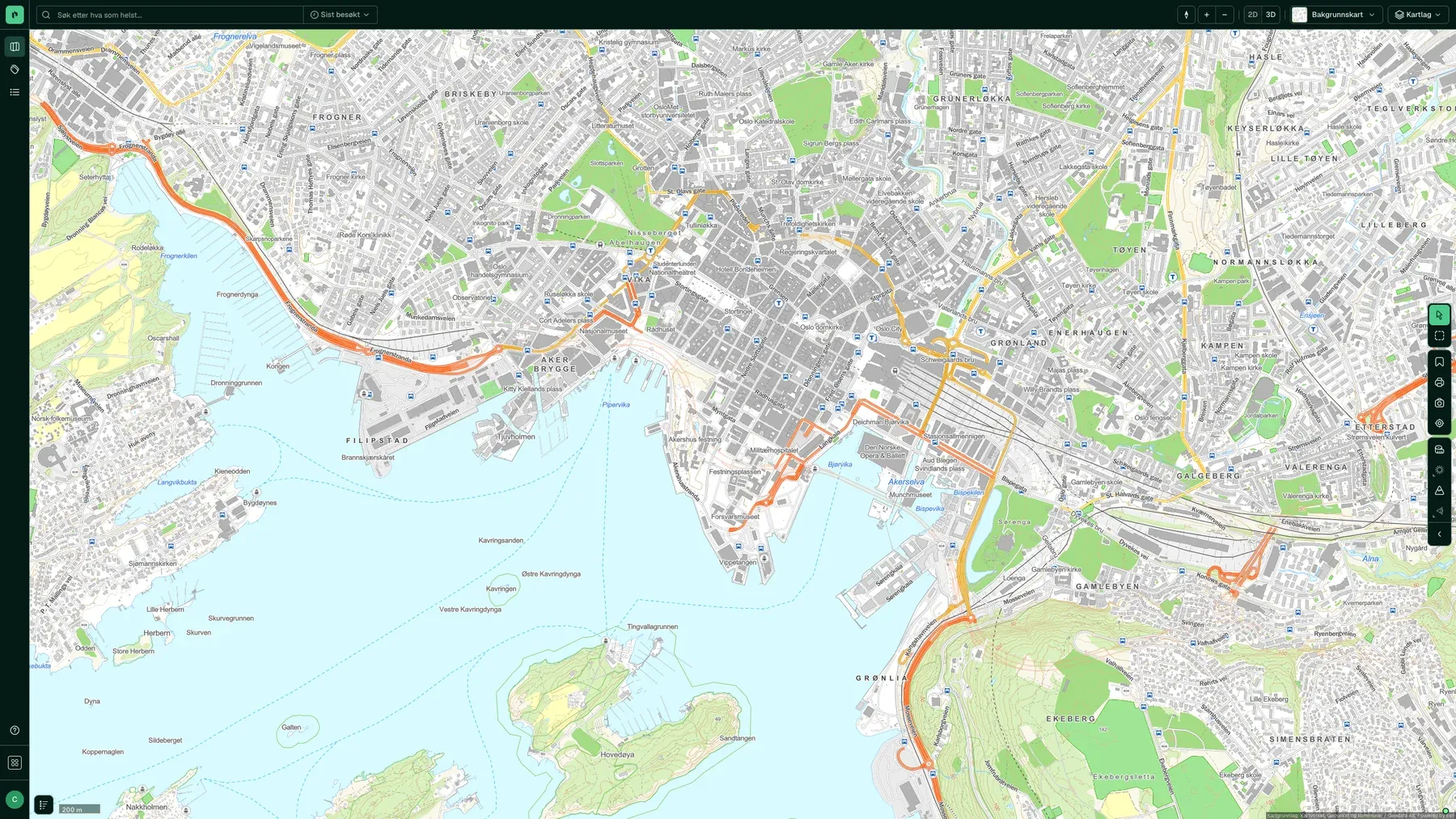 Kartet over Bjørvika med eiendomsgrenser og kartlag