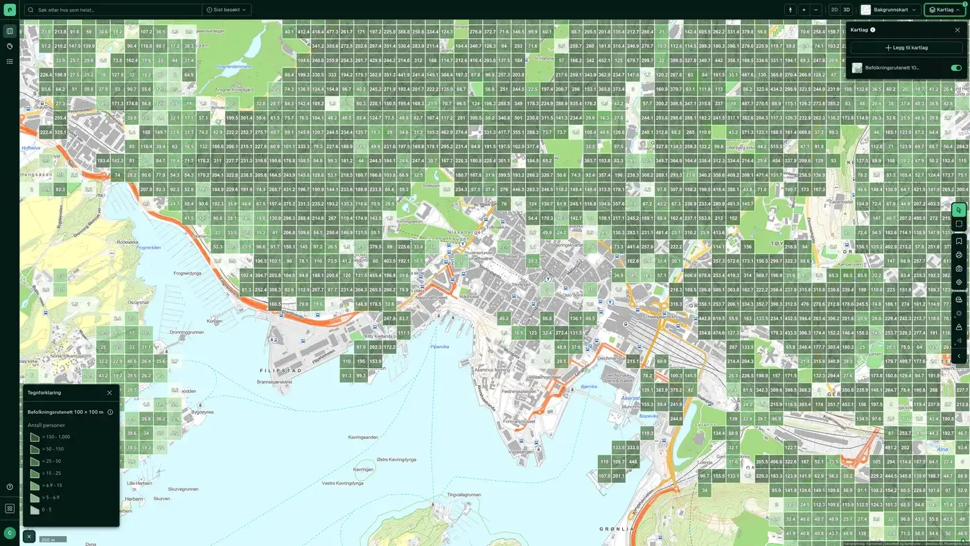 Befolkningsrutenett 100 × 100 m i Placepoint